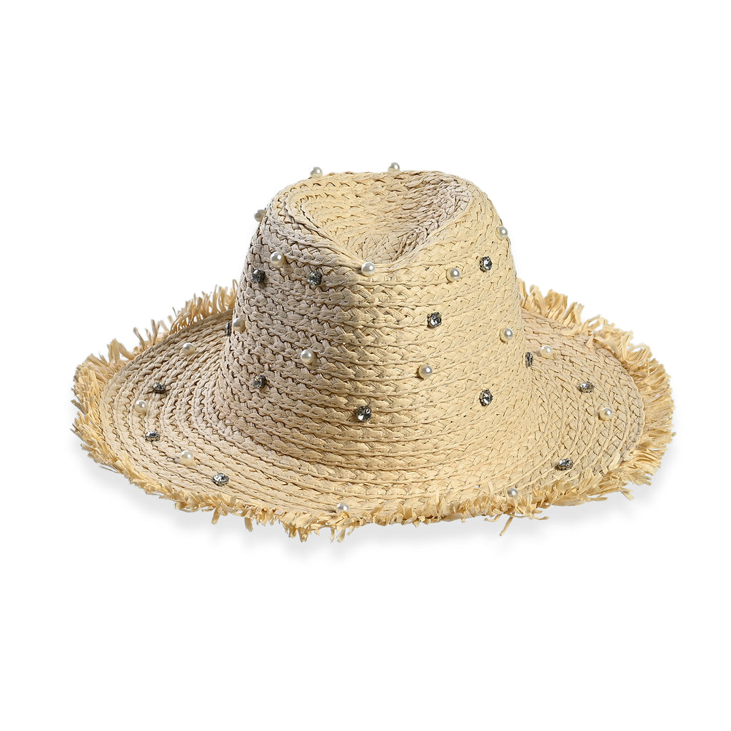 Designer Straw Sun Hat with Artificial Pearls (58cm) - Off White_8519789