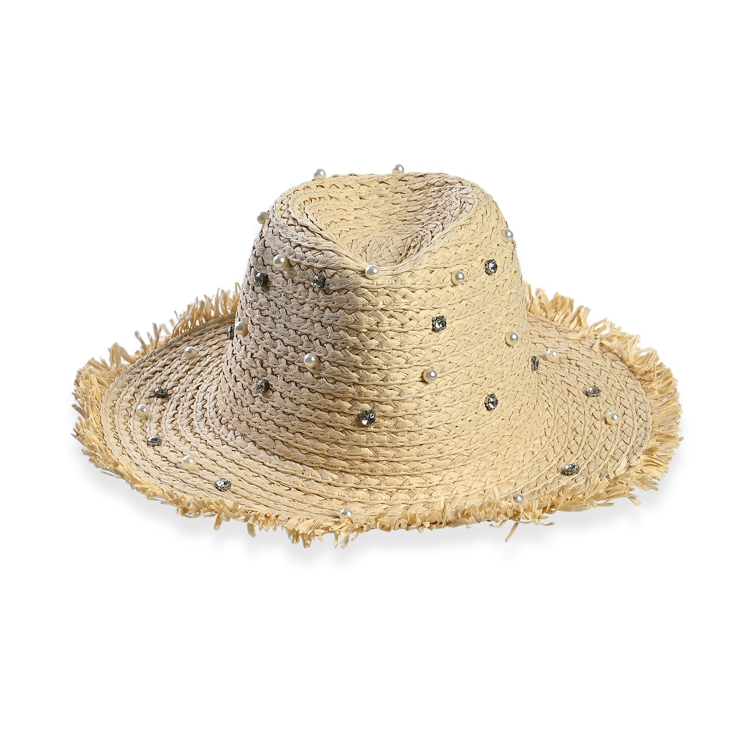 Designer Straw Sun Hat with Artificial Pearls (58cm) - Off White V32536629 0