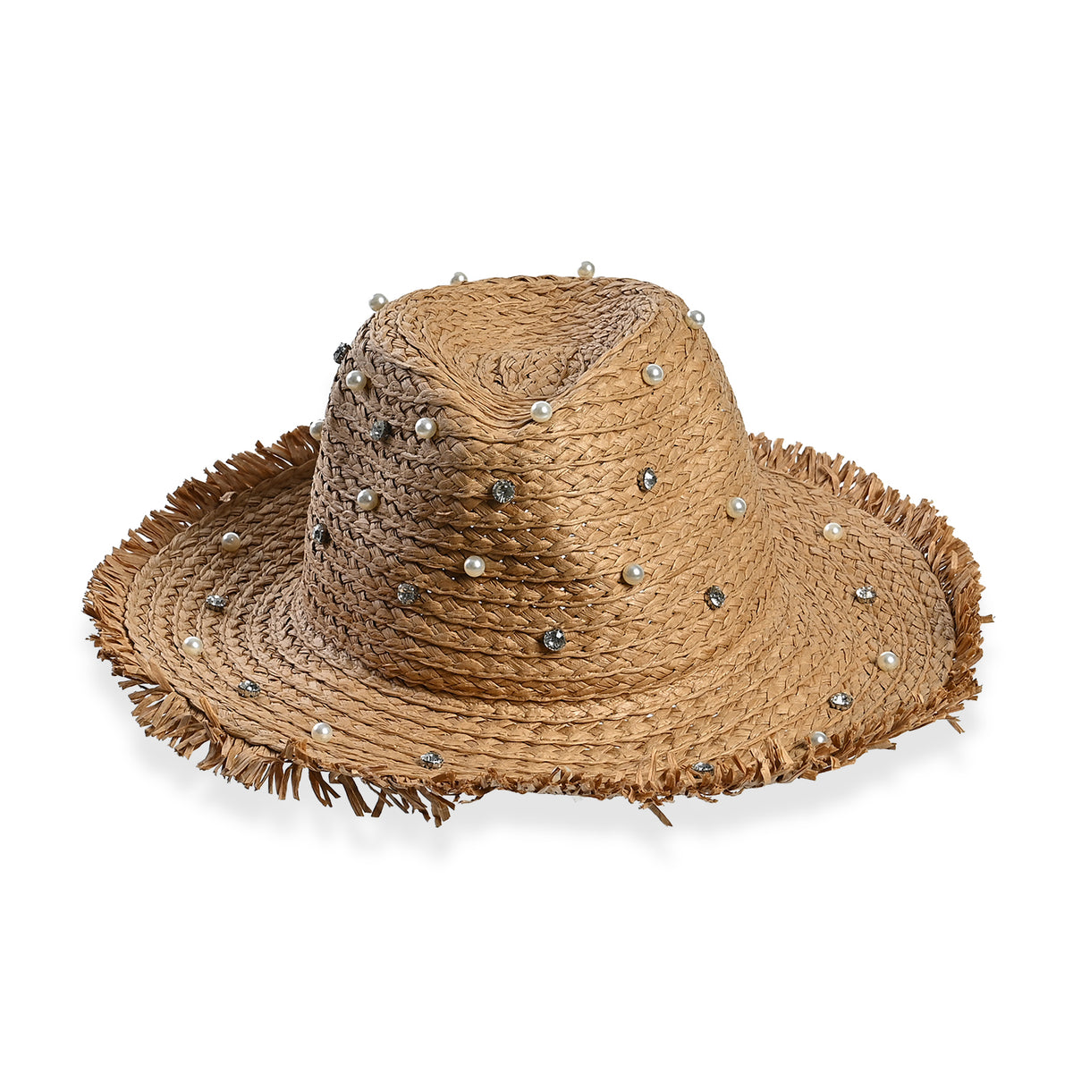 Designer Paper Straw Sun Hat with Artificial Pearls (58cm) - Khaki V32536860 0