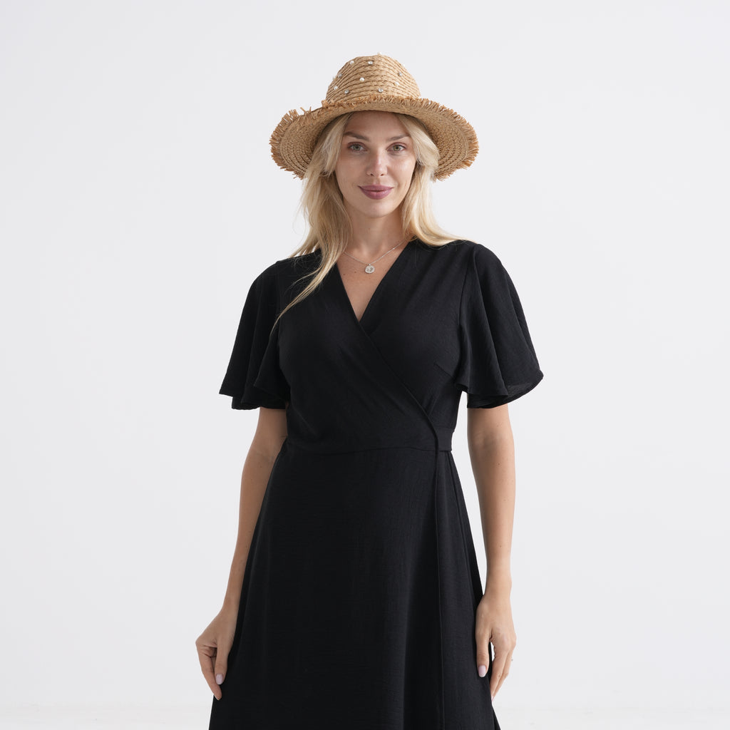 Designer Paper Straw Sun Hat with Artificial Pearls (58cm) - Khaki_8519790_1