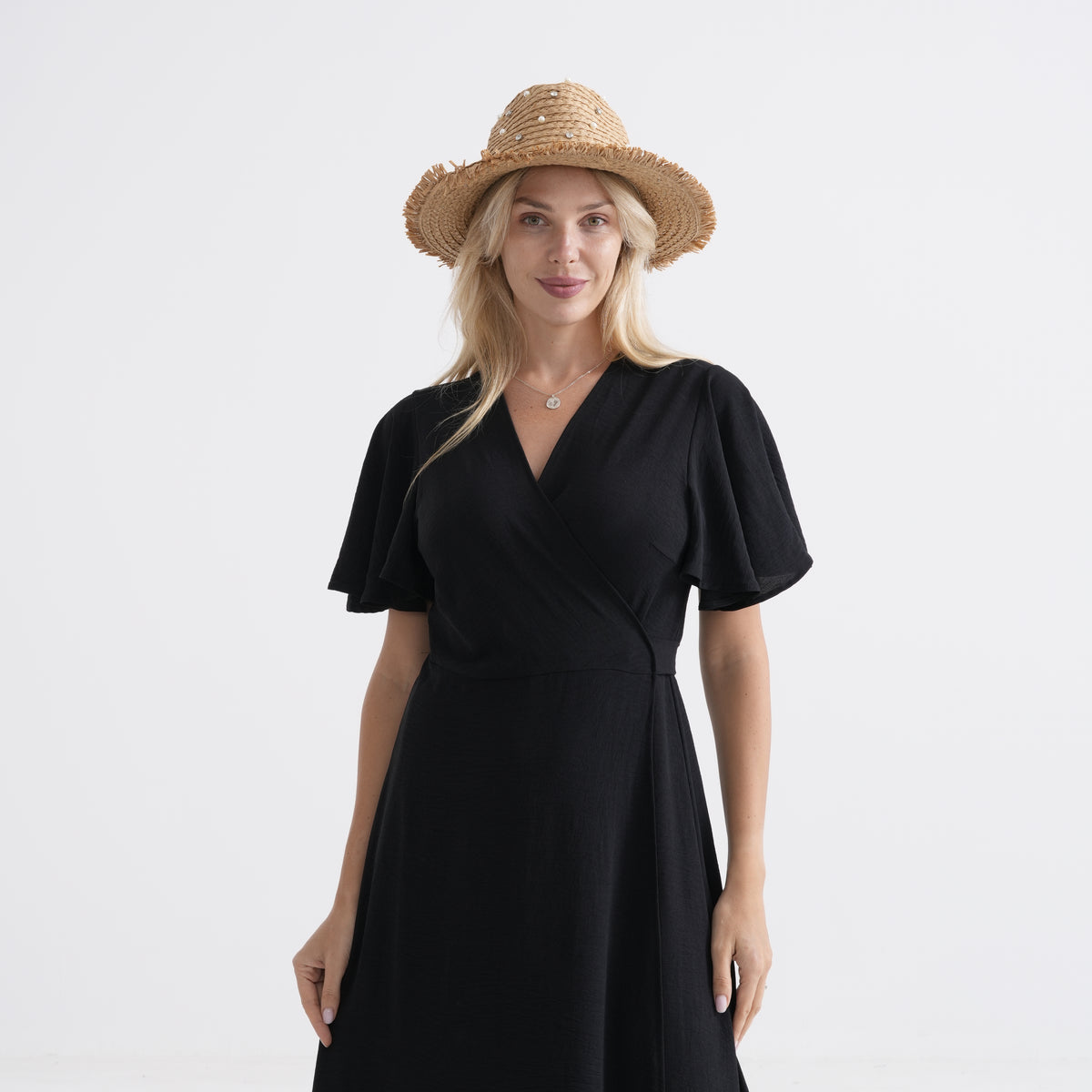 Designer Paper Straw Sun Hat with Artificial Pearls (58cm) - Khaki V32536860 2