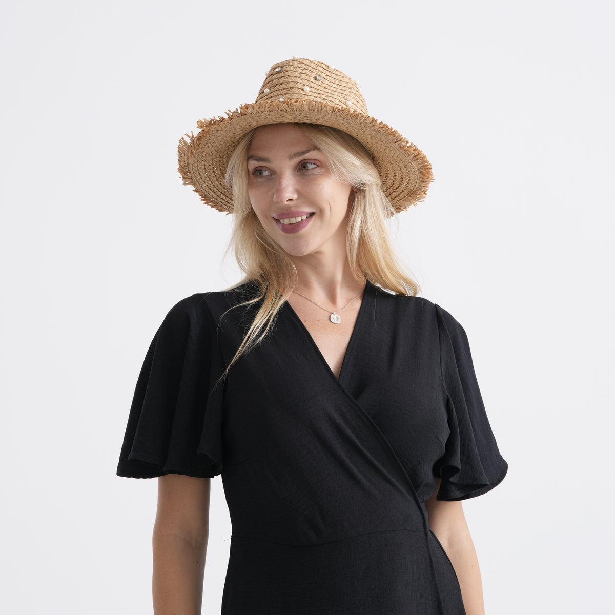 Designer Paper Straw Sun Hat with Artificial Pearls (58cm) - Khaki V32536860 3