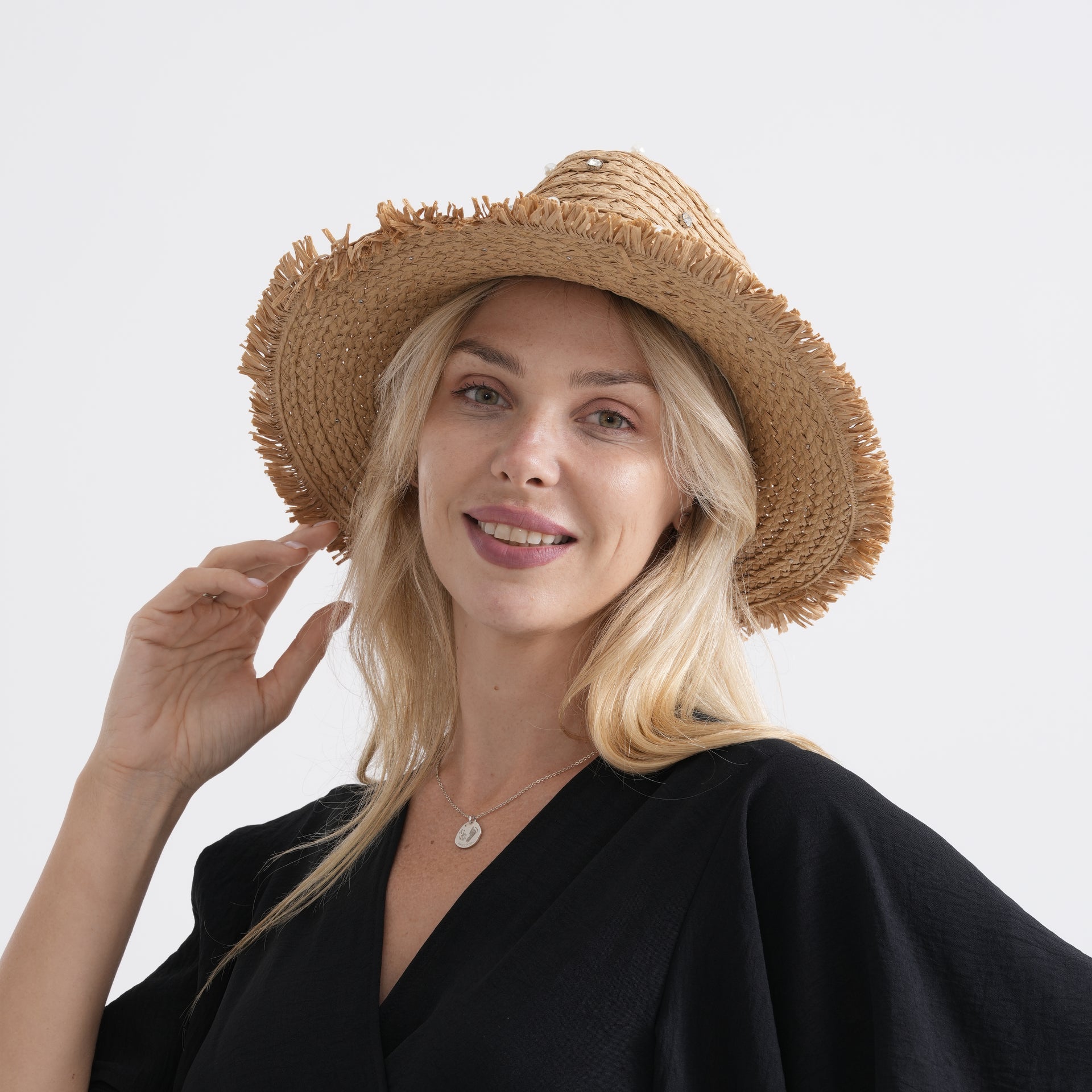 Designer Paper Straw Sun Hat with Artificial Pearls (58cm) - Khaki V32536860 4