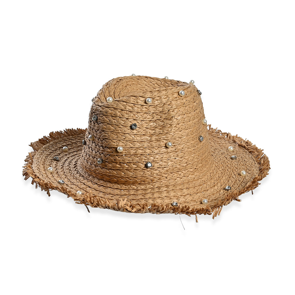 Designer Paper Straw Sun Hat with Artificial Pearls (58cm) - Khaki_8519790_4