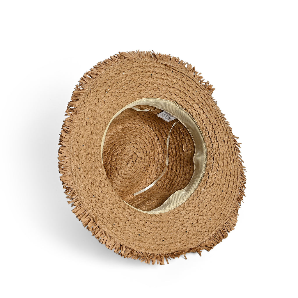 Designer Paper Straw Sun Hat with Artificial Pearls (58cm) - Khaki_8519790_5