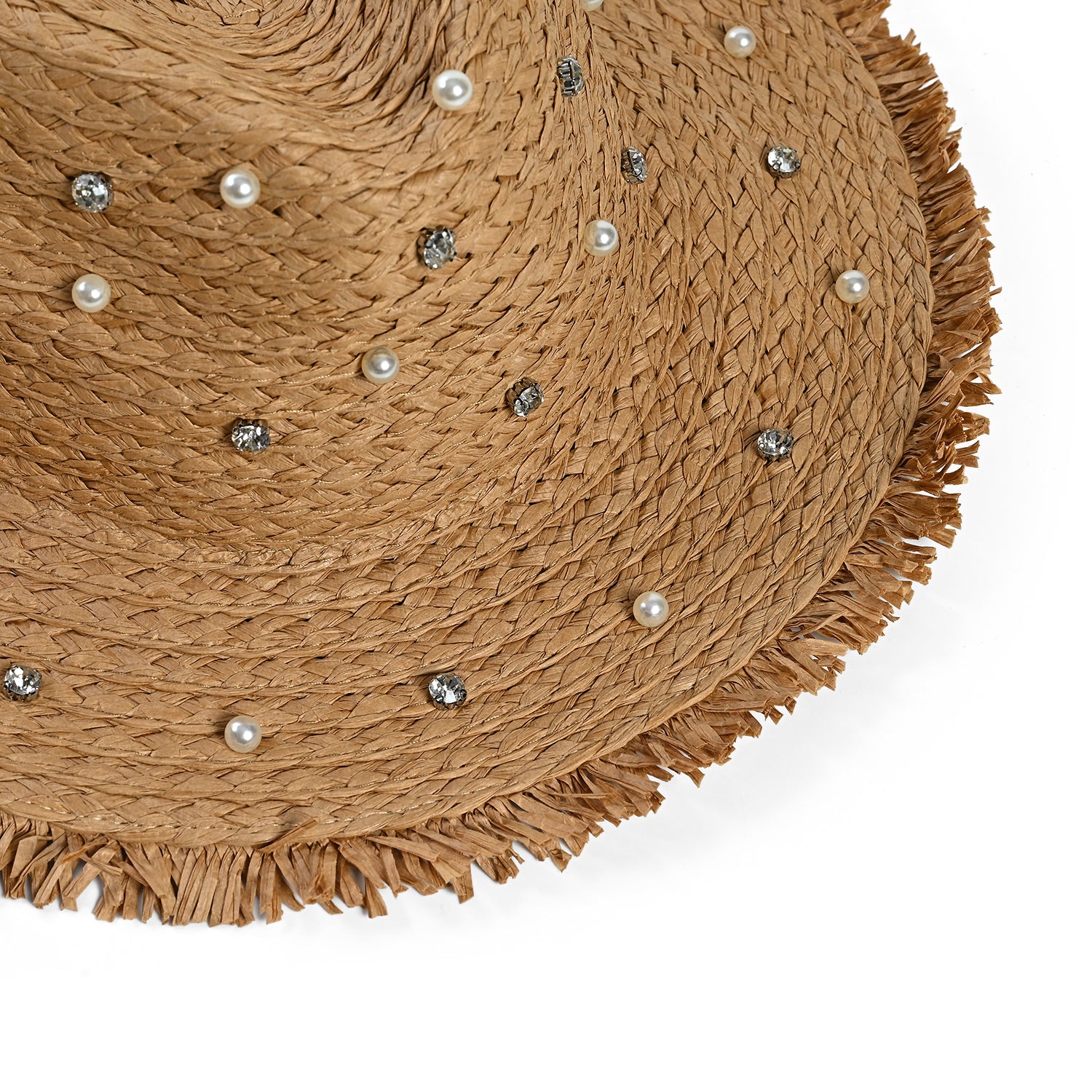 Designer Paper Straw Sun Hat with Artificial Pearls (58cm) - Khaki V32536860 7