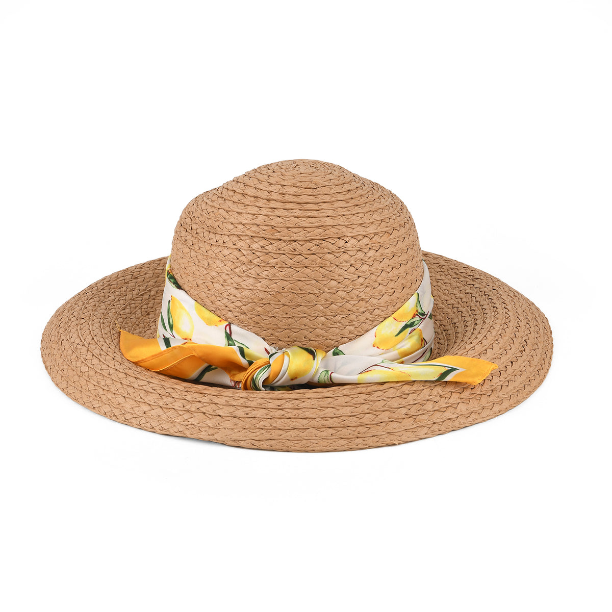 Woven Paper Straw Sun Hat with Lemon Print Scarf (57-58cm) - Khaki &amp; Yellow V32530682 0