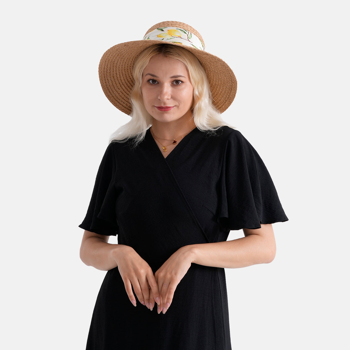 Woven Paper Straw Sun Hat with Lemon Print Scarf (57-58cm) - Khaki &amp; Yellow V32530682 2