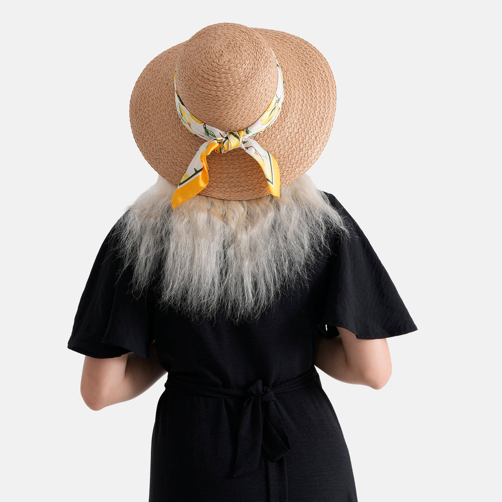 Woven Paper Straw Sun Hat with Lemon Print Scarf (57-58cm) - Khaki & Yellow_8519889_2