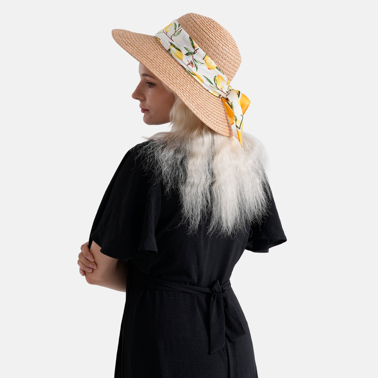 Woven Paper Straw Sun Hat with Lemon Print Scarf (57-58cm) - Khaki &amp; Yellow V32530682 4