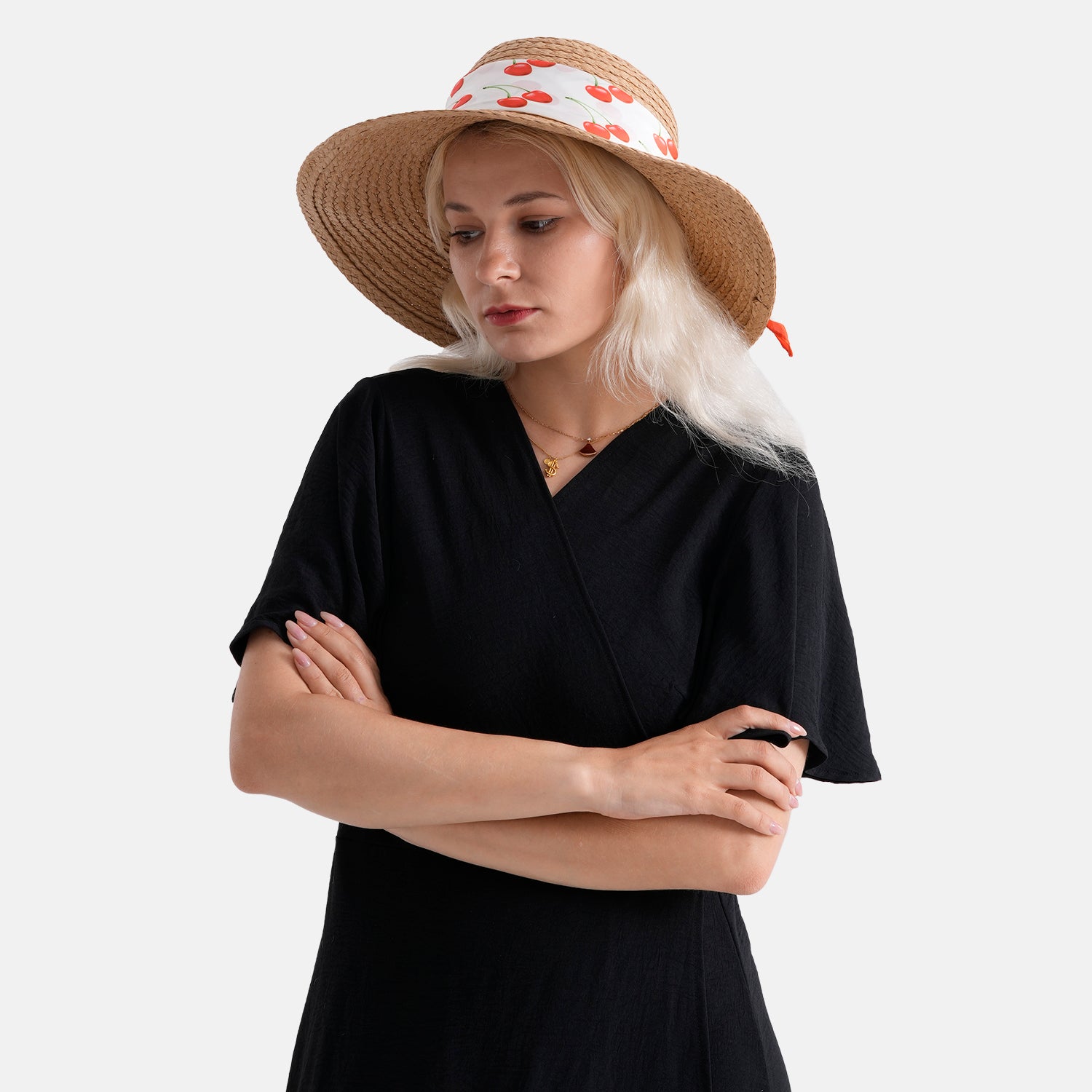 Woven Paper Straw Sun Hat with Printed Scarf (57-58cm) - Khaki &amp; Pink 8519892 2