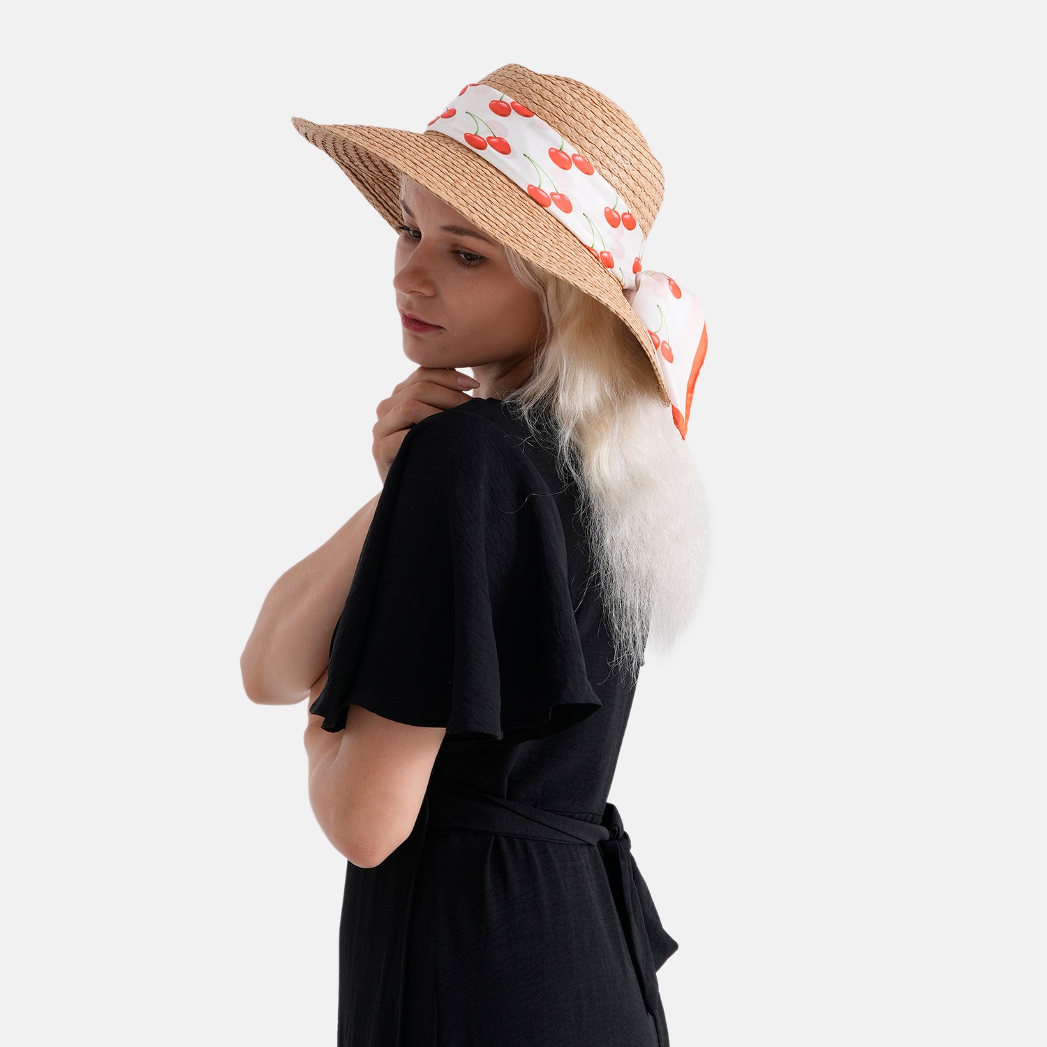 Woven Paper Straw Sun Hat with Printed Scarf (57-58cm) - Khaki &amp; Pink 8519892 3