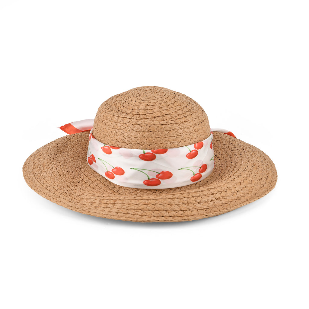 Woven Paper Straw Sun Hat with Printed Scarf (57-58cm) - Khaki & Pink_8519892_4