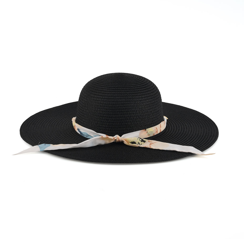 Woven Paper Straw Wide-Brim Sun Hat (57cm) - Black_8519902