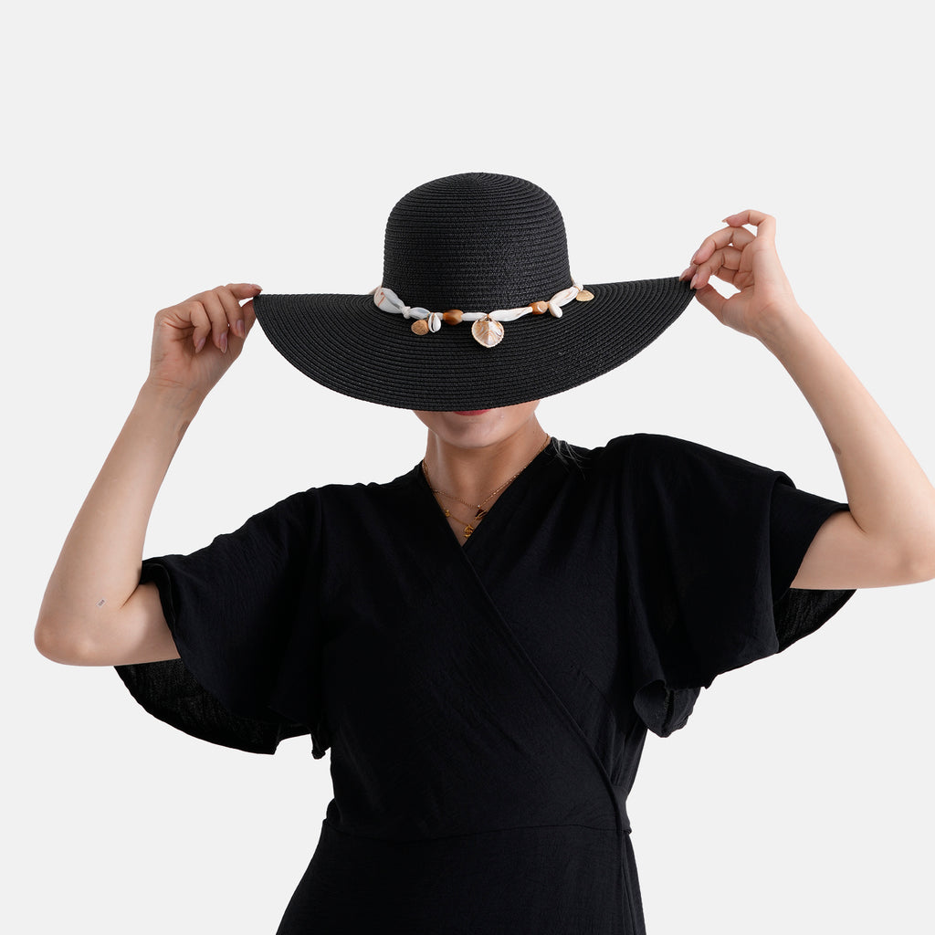 Woven Paper Straw Wide-Brim Sun Hat (57cm) - Black_8519902_1
