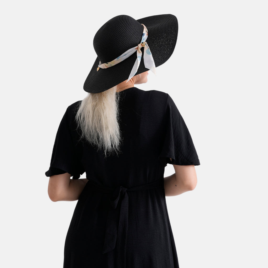 Woven Paper Straw Wide-Brim Sun Hat (57cm) - Black_8519902_2