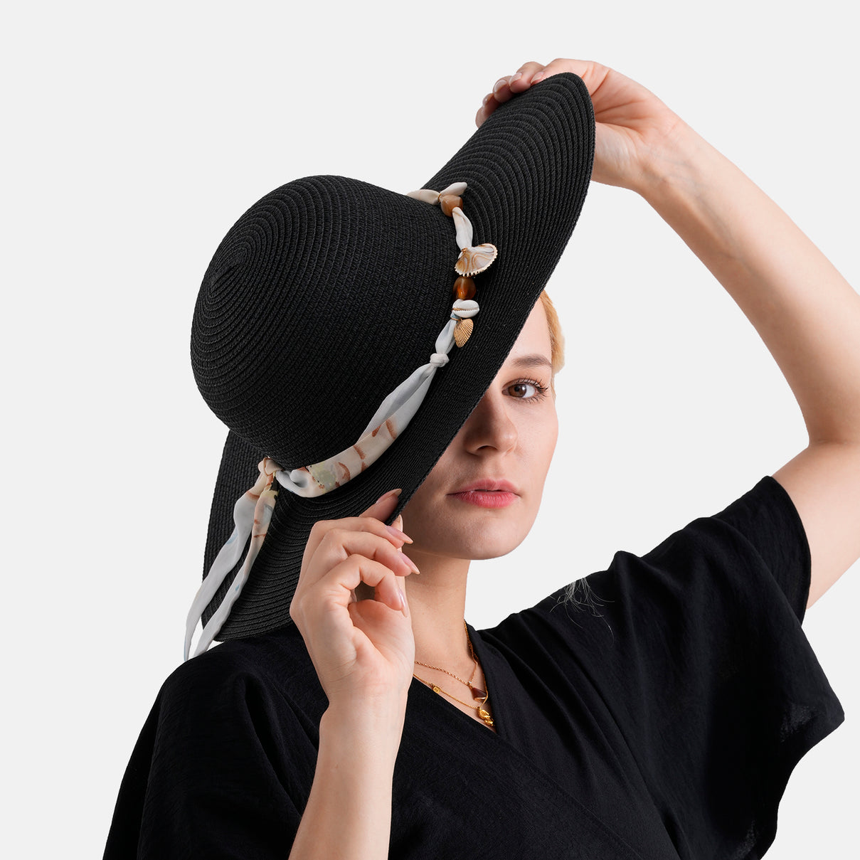 Woven Paper Straw Wide-Brim Sun Hat (57cm) - Black V32530505 4