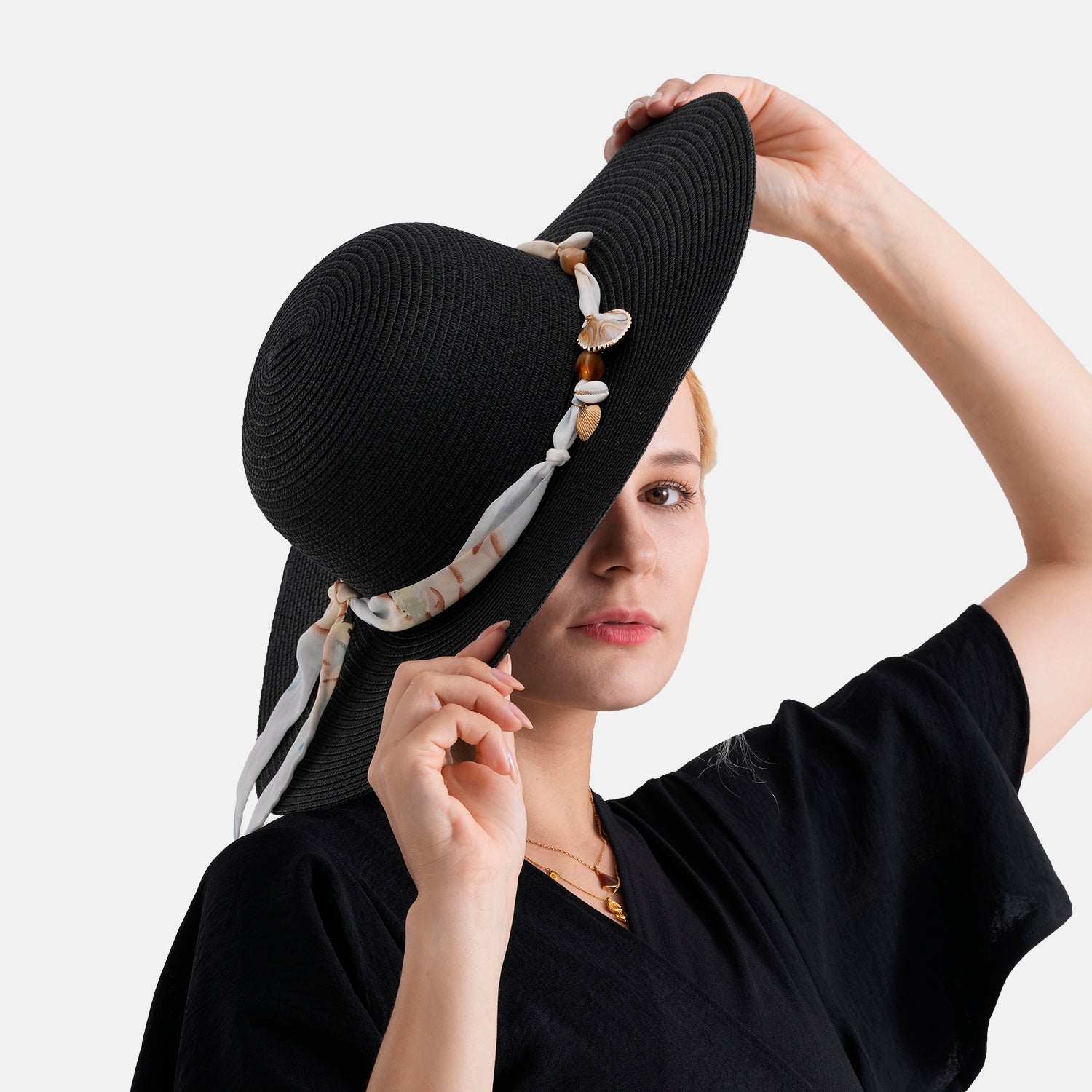 Woven Paper Straw Wide-Brim Sun Hat (57cm) - Black V32530505 4