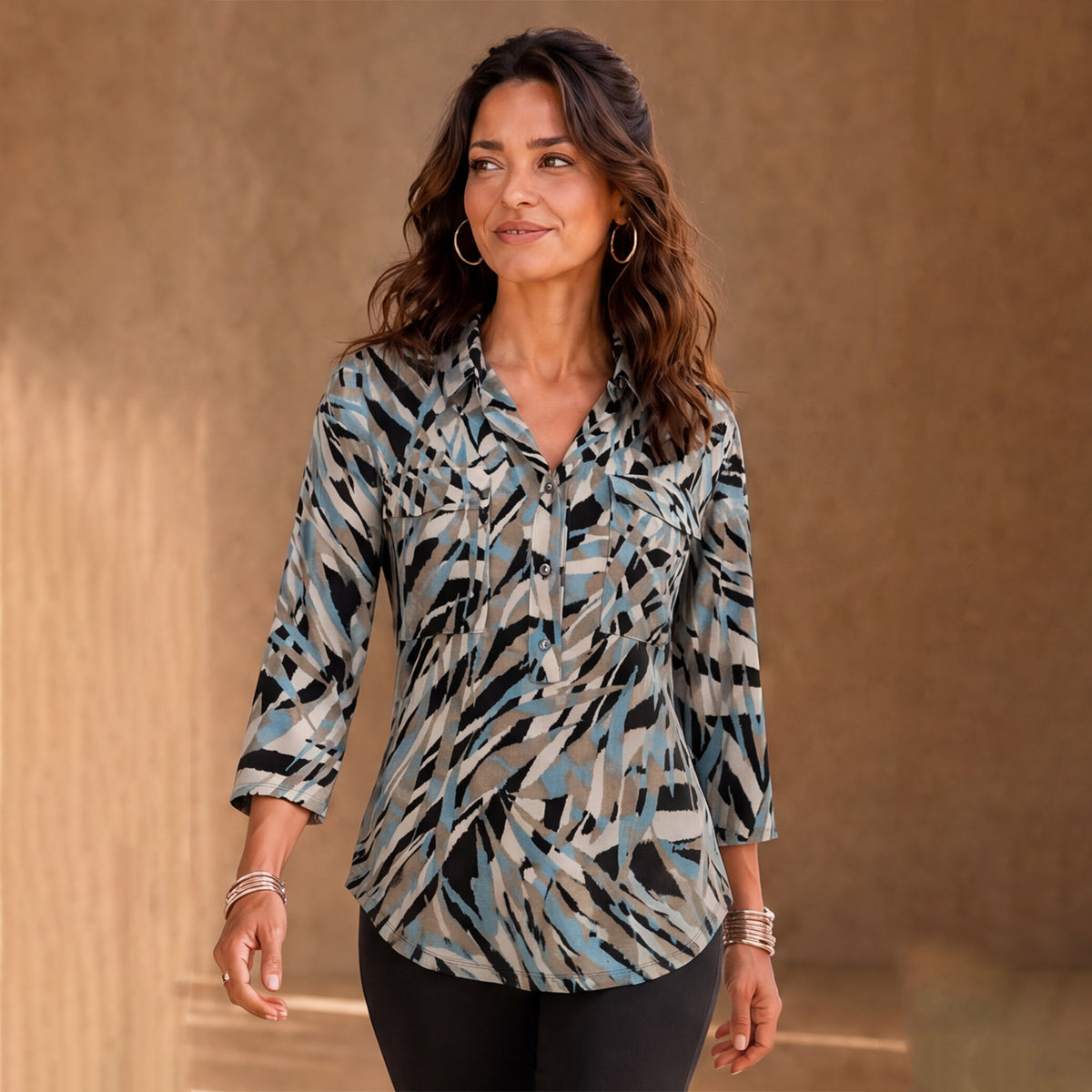 Emreco Classic Abstract Print Collared 3-4 Sleeve Blouse (Size 14) - Black &amp; Turquoise 8519949 0