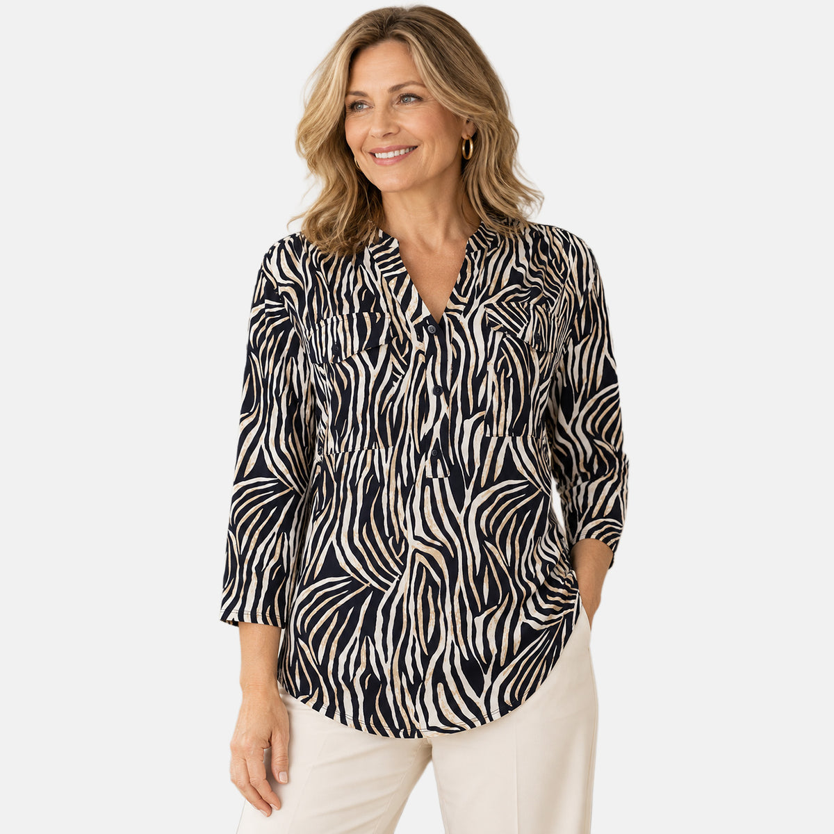 Emreco Classic Animal Print Collared 3-4 Sleeve Blouse (Size 12) - Stone with Off White &amp; Black 8519953 0