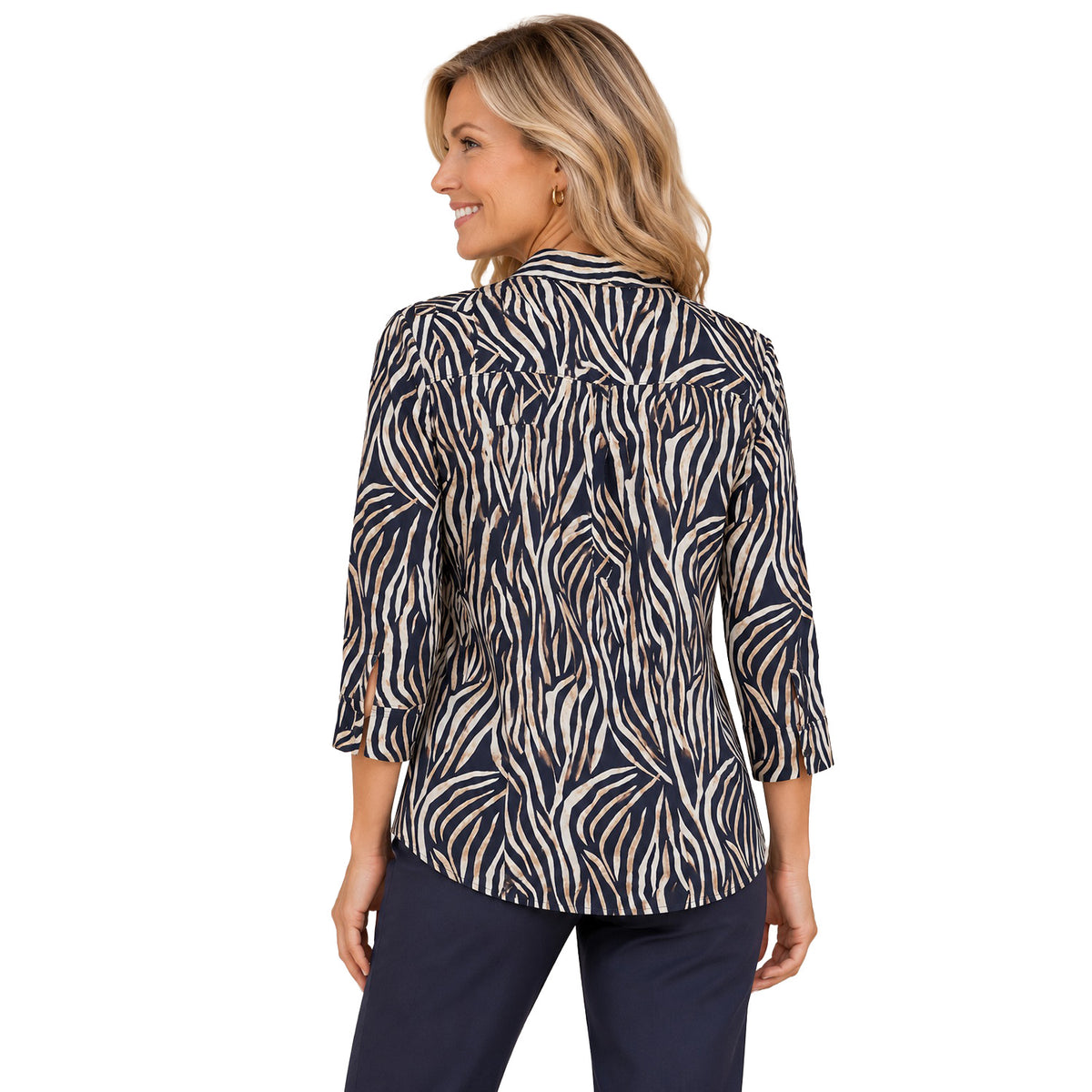Emreco Classic Zebra Print 3-4 Sleeve Collared Blouse (Size 18) - Navy 8519963 1