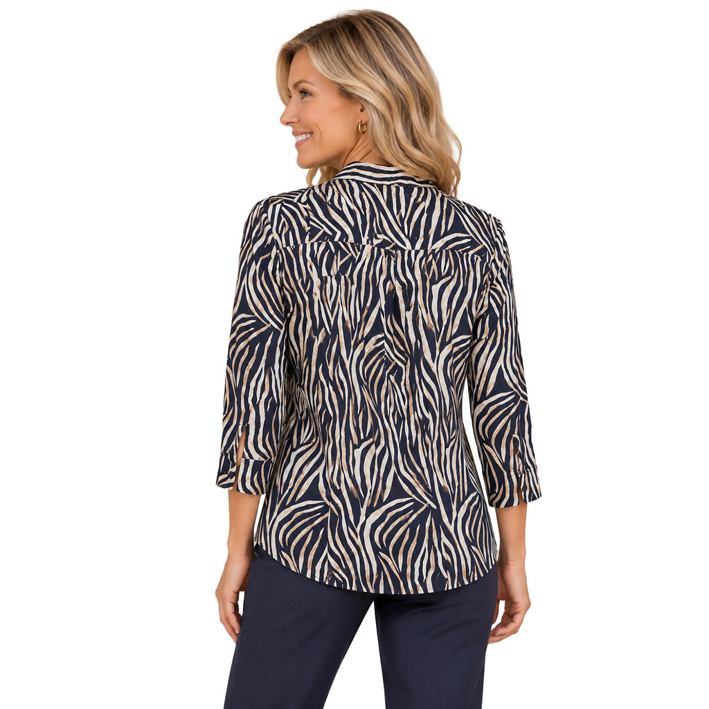 Emreco Classic Zebra Print 3/4 Sleeve Collared Blouse (Size 20) - Navy_8519964_1