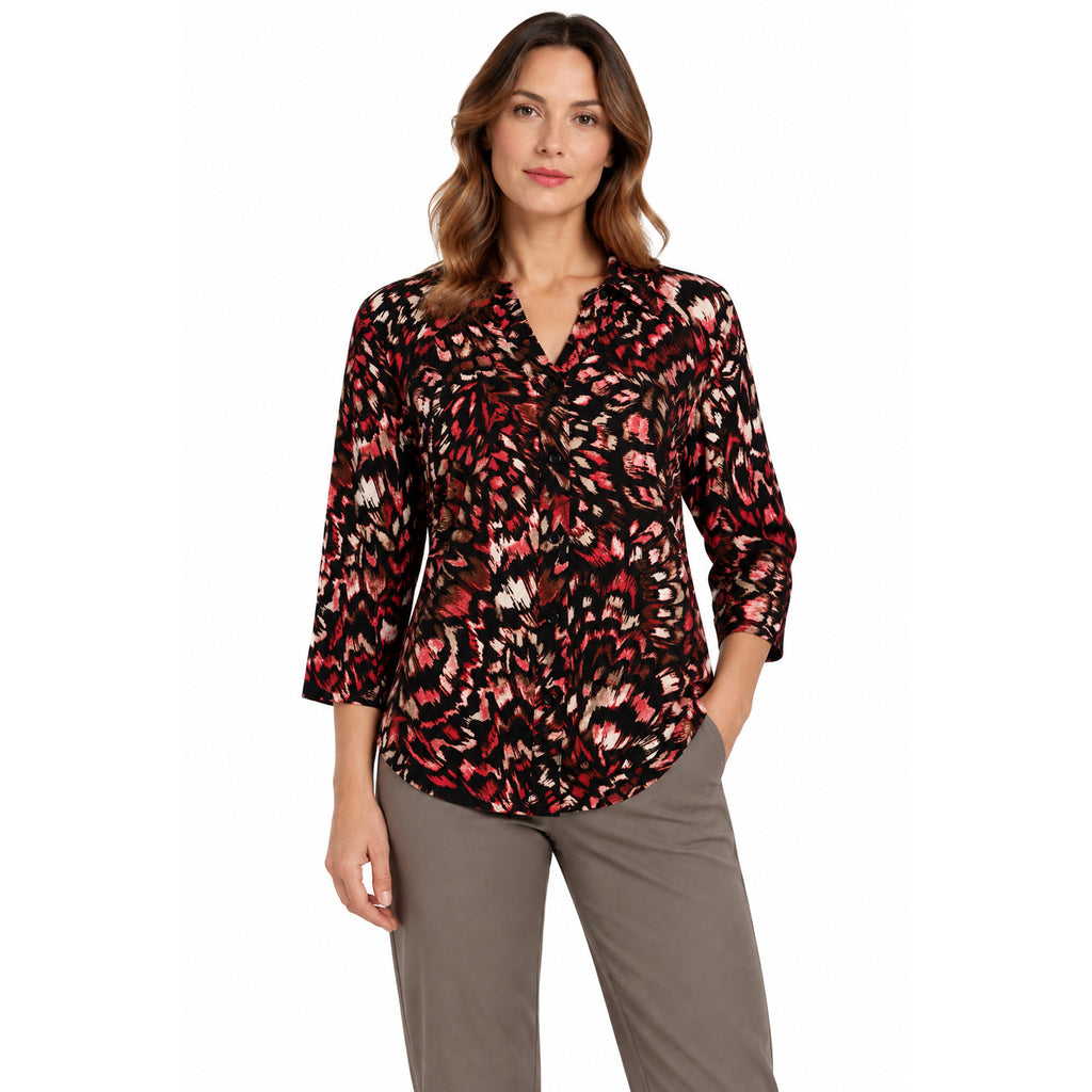 Emreco Classic Abstract Print 3/4 Sleeve Collared Blouse (Size 14) - Black & Red_8519967