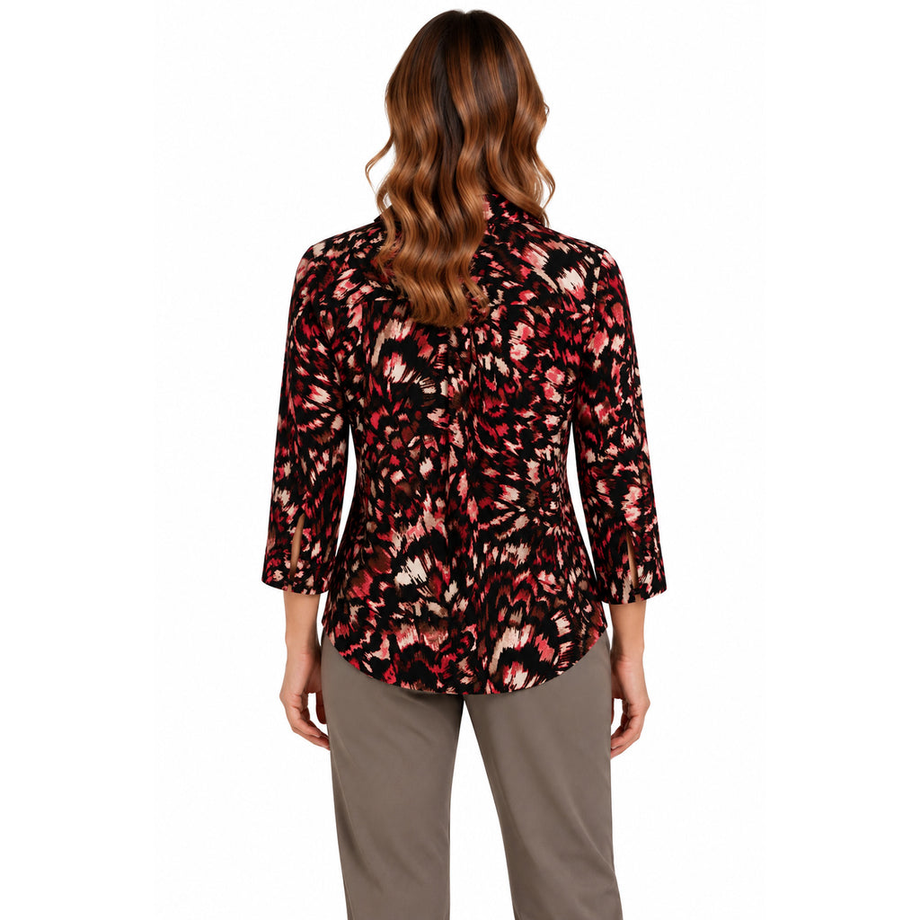Emreco Classic Abstract Print 3/4 Sleeve Collared Blouse (Size 14) - Black & Red_8519967_1