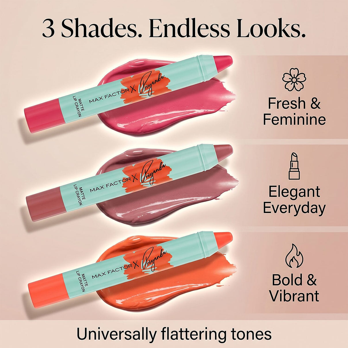 Set of 3: Max Factor Priyanka Lip Crayon - Includes Hibiscus, Mauve Love &amp; Orange Grace. 8520225 1
