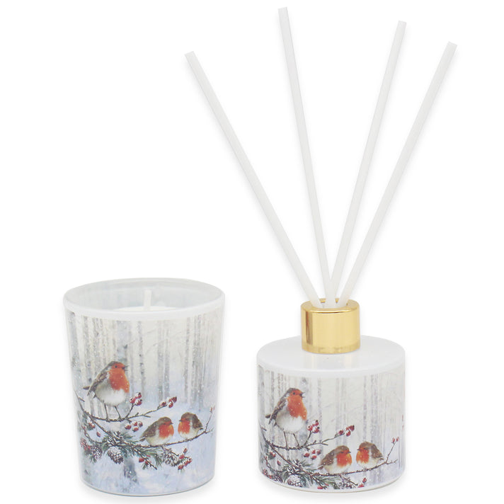 Christmas Robins Home Fragrance Set- Hand Poured Scented Candle With Ceramic Jar &amp; Reed Diffuser - Christmas Tree &amp; Eucalyptus 8520290 1