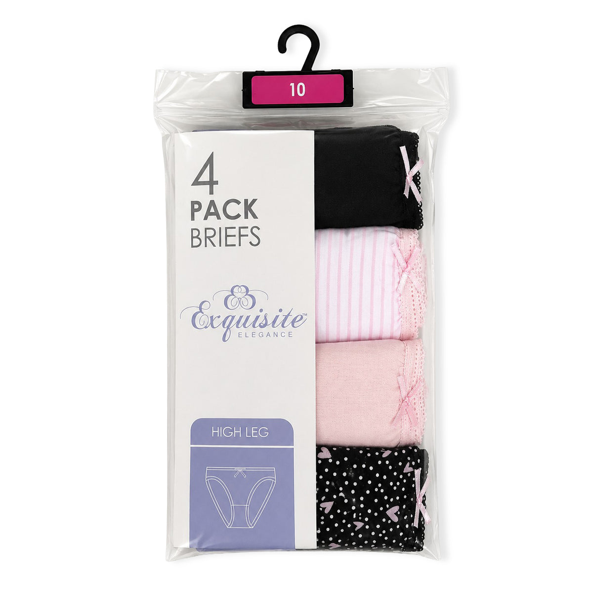 Pack of 4: Exquisite Elegance High Leg Brief (Size 10) - Pink &amp; Black, 95% Cotton &amp; 5% Elastane 8520377 3