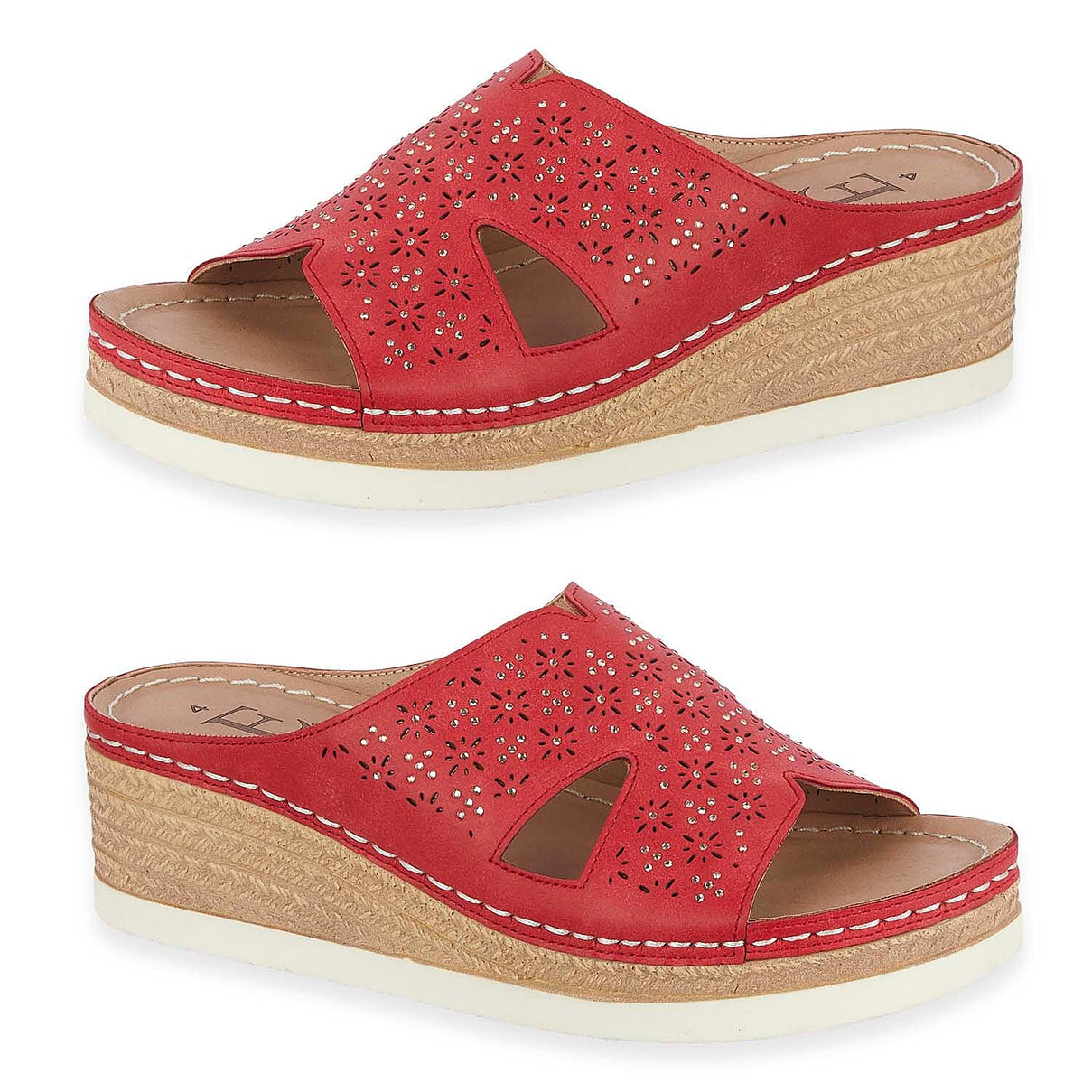 Emma Diamante Trim Ladies Wedge Sandals (Size 6) - Red V32519702 0