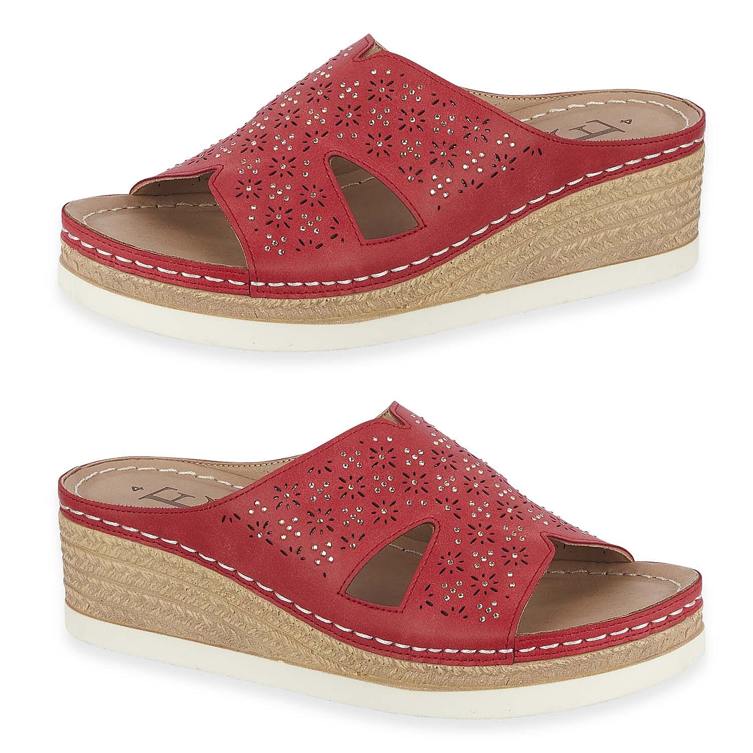 Emma Diamante Trim Ladies Wedge Sandals (Size 6) - Red V32519702 0