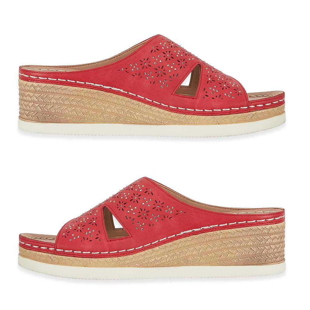Emma Diamante Trim Ladies Wedge Sandals (Size 6) - Red_8520645_1