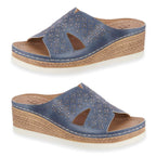 Emma Diamante Trim Ladies Wedge Sandals (Size 6) - Blue_8520650