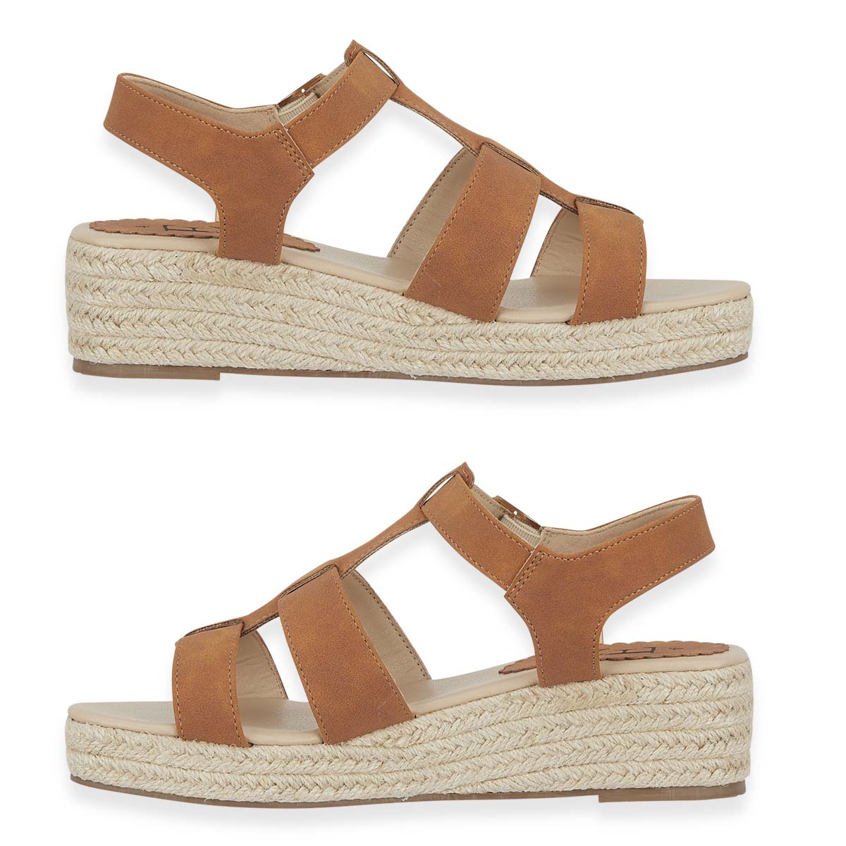 Emma Bonnie Espadrille Strappy T-Bar Wedge Heel Sandals With Adjustable Ankle Strap (Size 7) - Tan V32524591 1