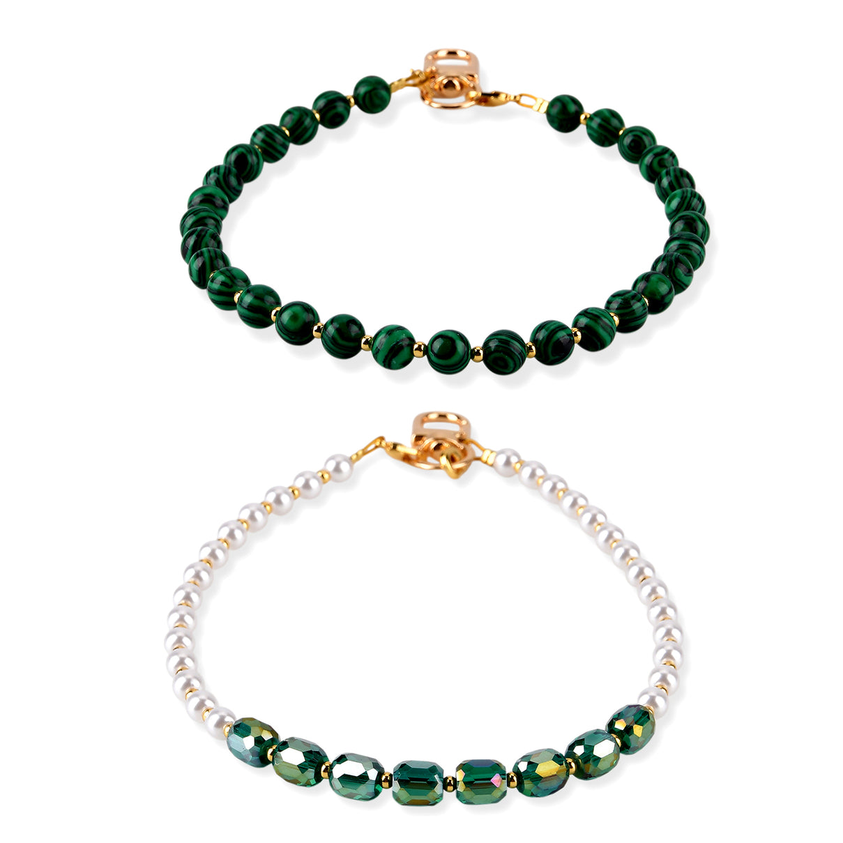 Set of 2 Stone &amp; Pearl Beaded Cellphone Chains (18cm) - Created  Malachite V32526689 0