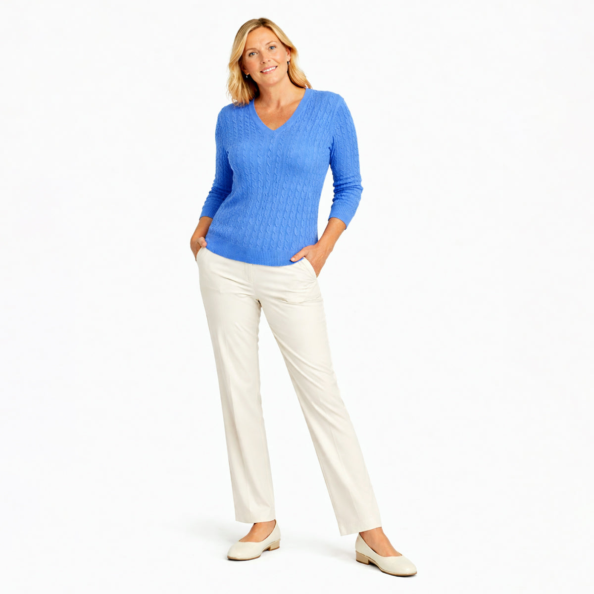Pure And Natural V-Neck Cable Jumper (Size 12 to 14) - Blue Moon V32522051 0