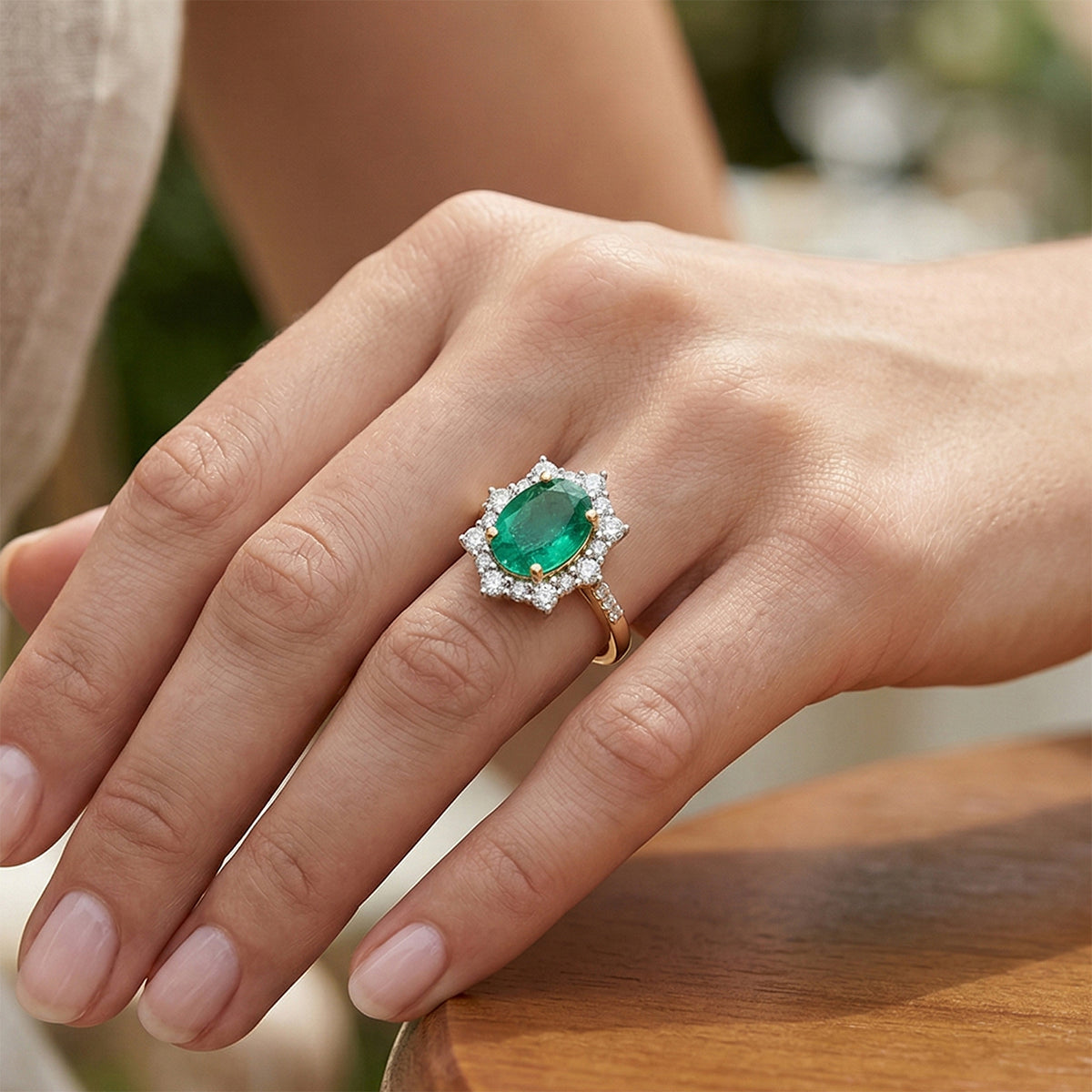 AAA Premium Zambian Emerald, Natural White Diamond Halo Ring in 9K Yellow Gold 1.4 Ct. V32531384 2