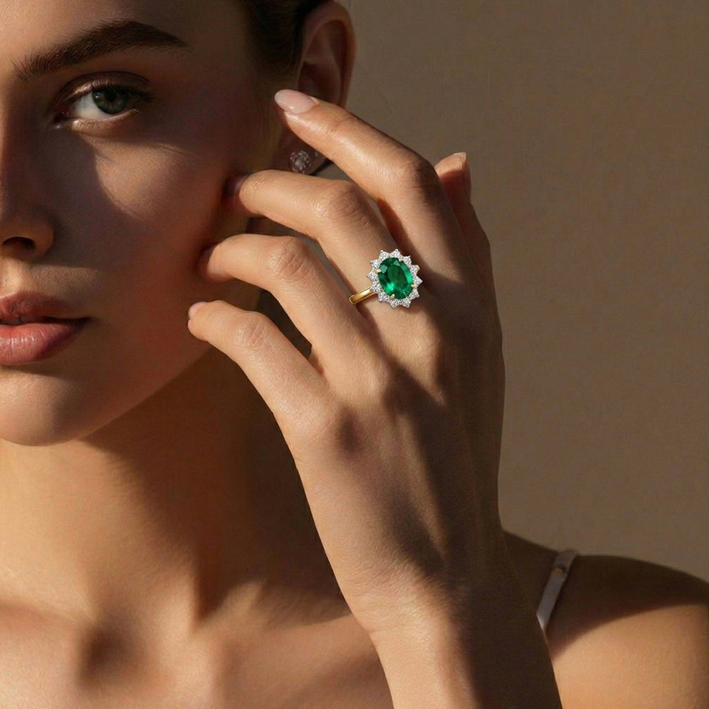 AAA Premium Zambian Emerald & Natural White Diamond 9K Yellow Gold Halo Ring 1.50 Ct_8522664_2