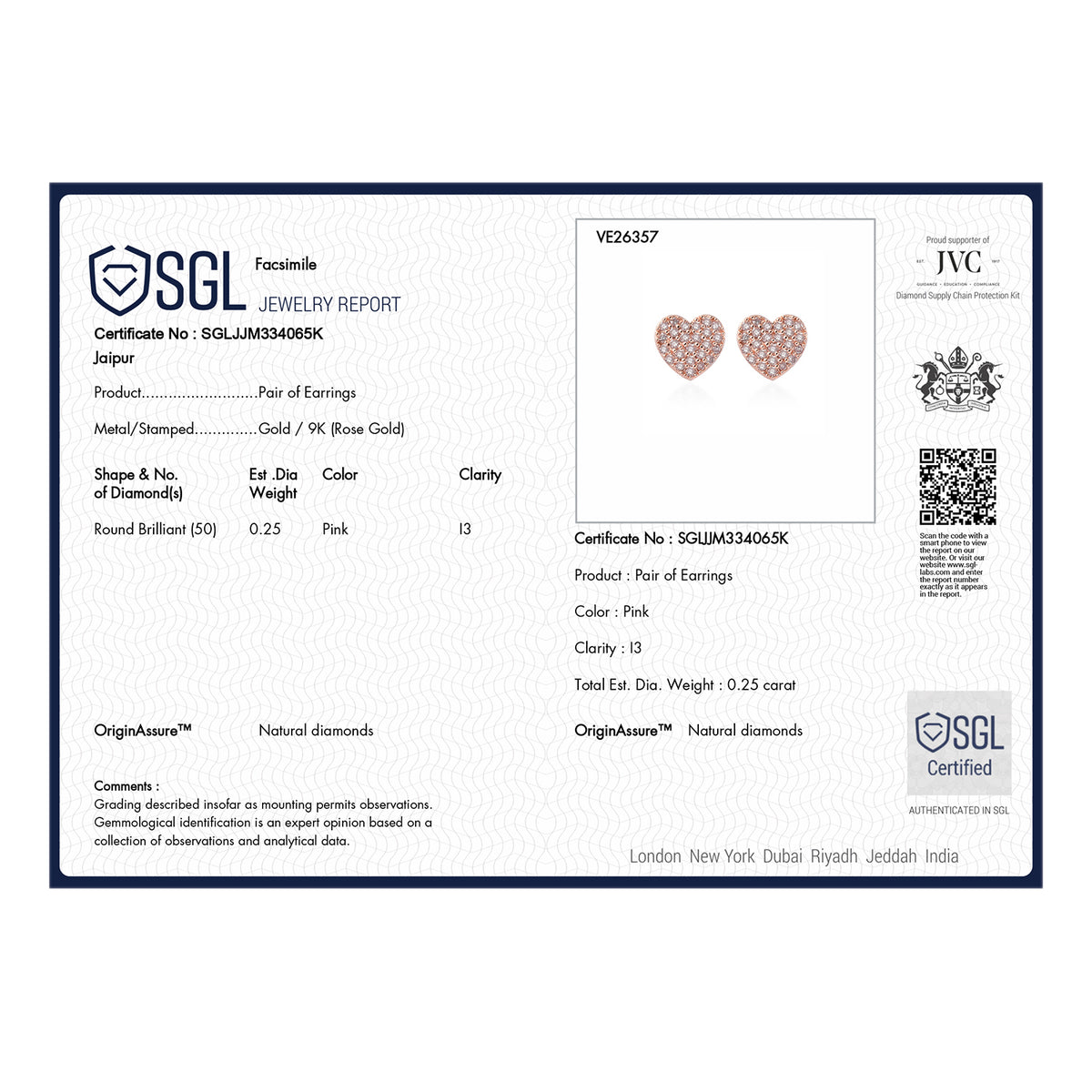 9K Rose Gold I3 Pink Diamond I3 Solitaire Stud Push Post Earring, Gold Wt.1.2 Gms  0.250  Ct. 8523660 5