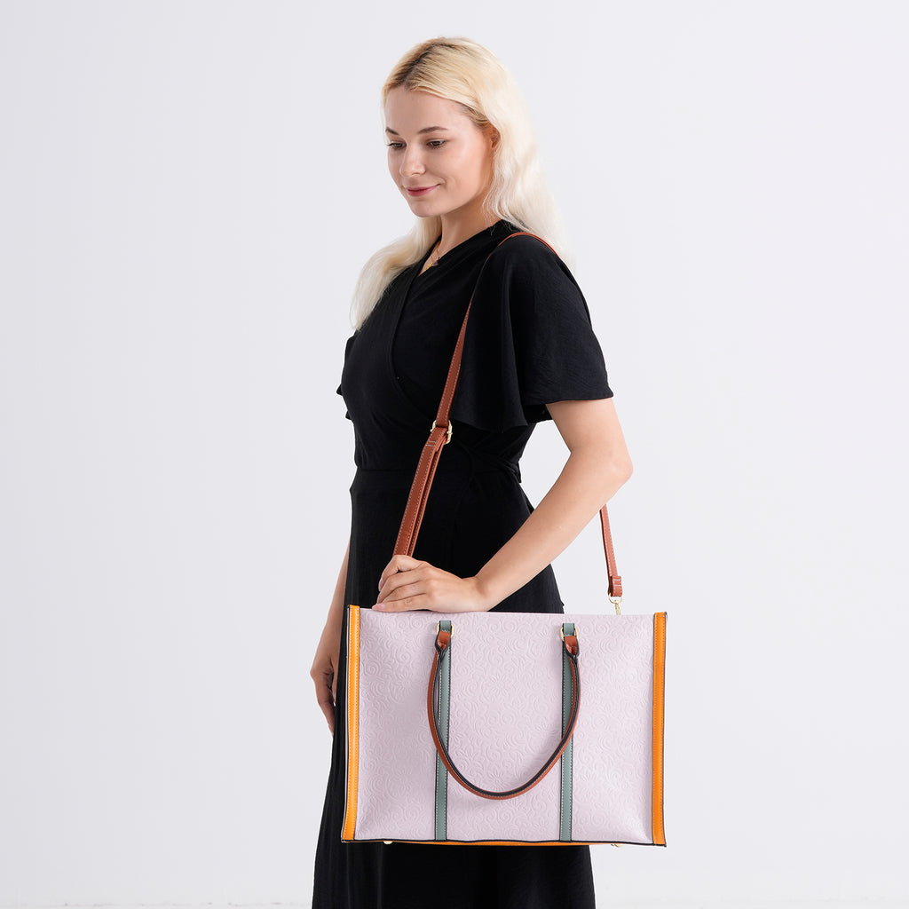 Structured Colour Block Tote Bag with Shoulder Strap - Light Purple_8524362_2