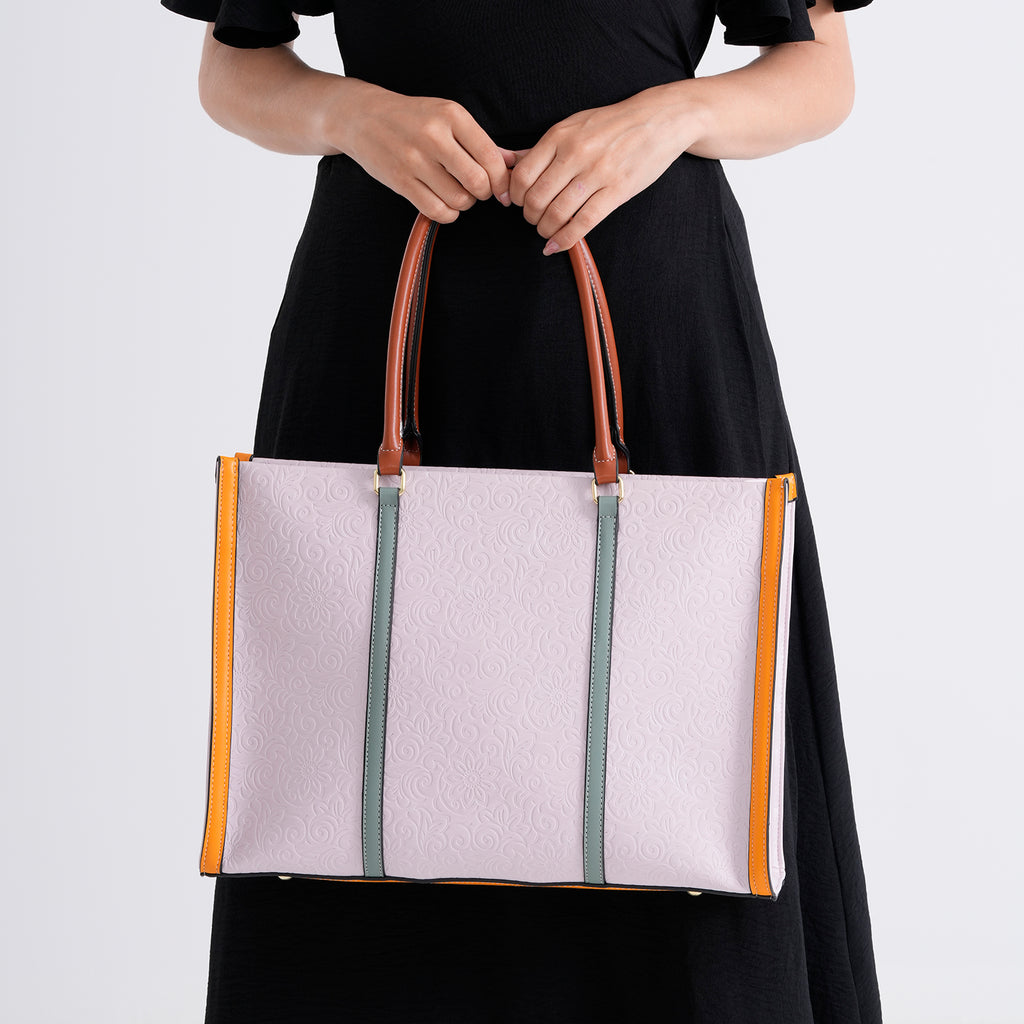 Structured Colour Block Tote Bag with Shoulder Strap - Light Purple_8524362_3