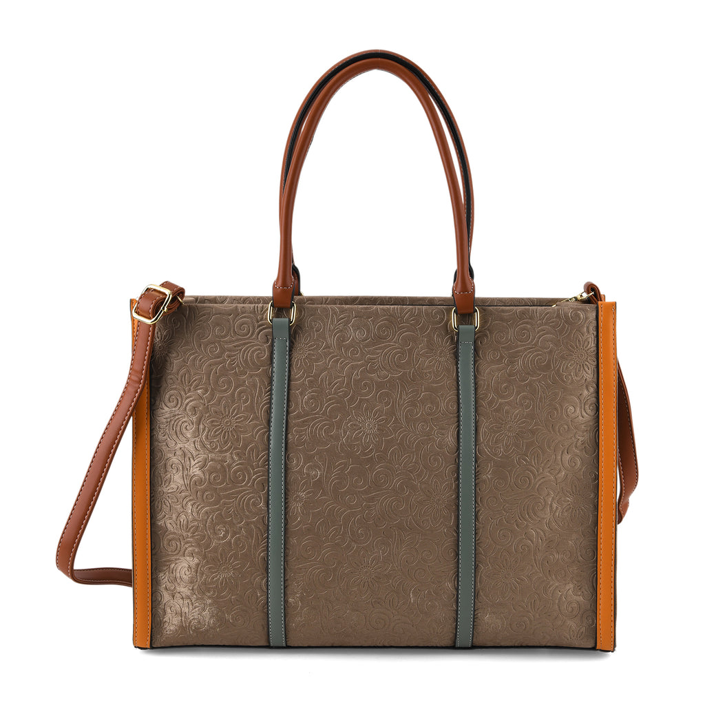 Structured Colour Block Tote Bag with Shoulder Strap - Khaki_8524363