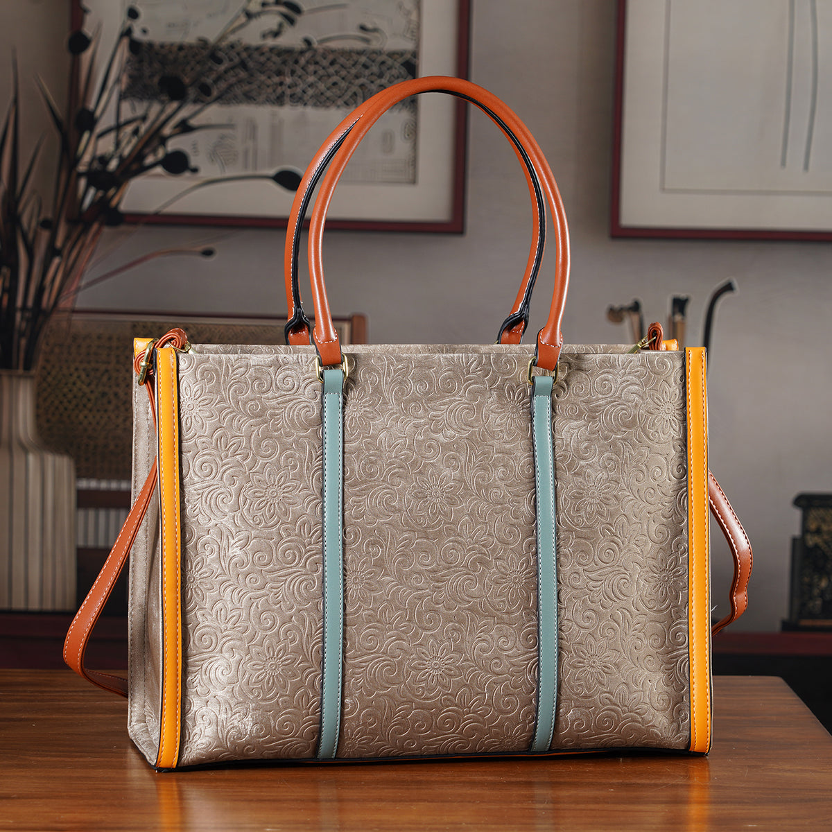 Structured Colour Block Tote Bag with Shoulder Strap - Khaki V32569939 2