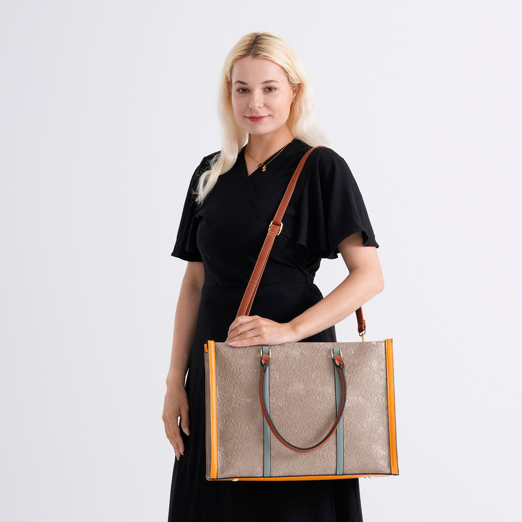 Structured Colour Block Tote Bag with Shoulder Strap - Khaki_8524363_2