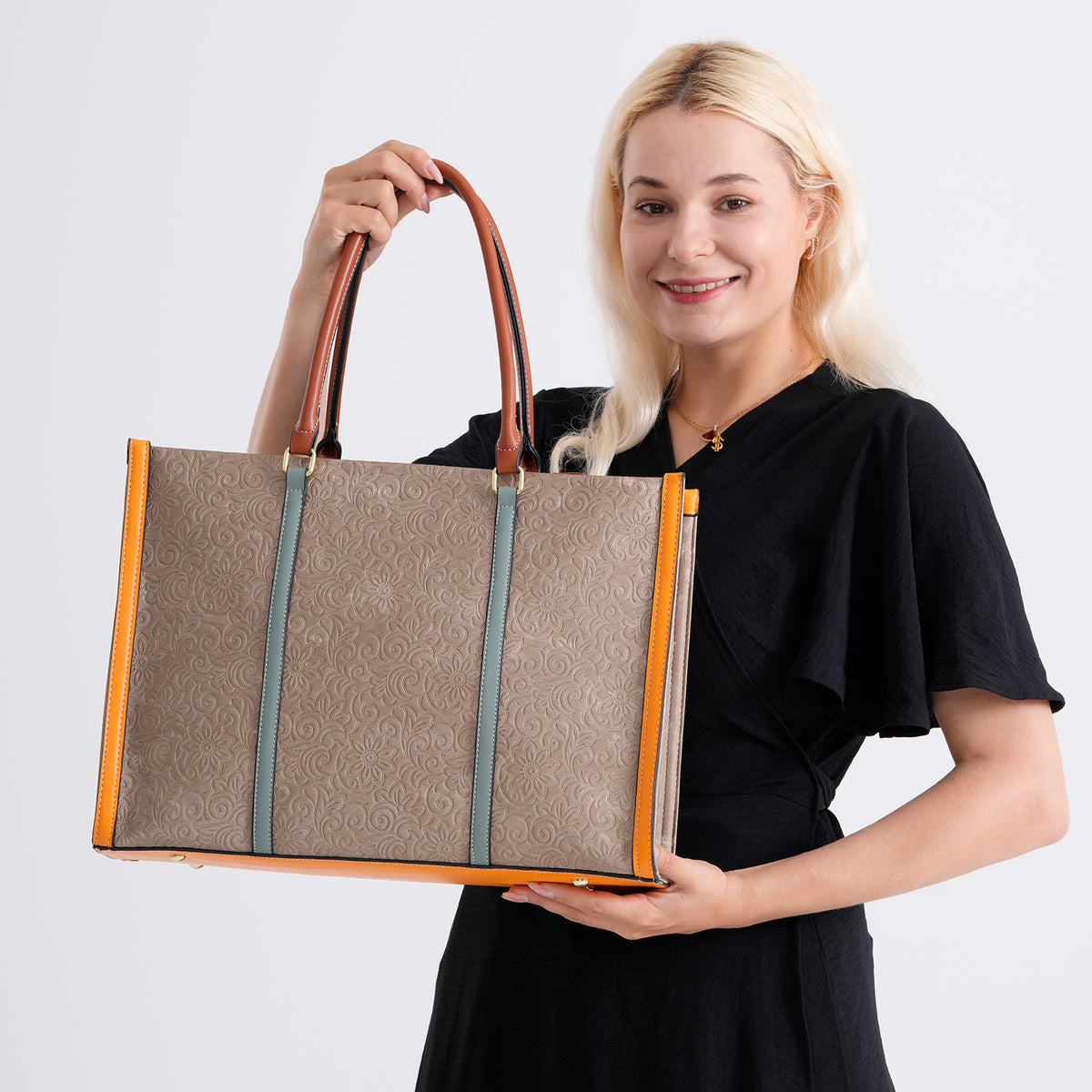 Structured Colour Block Tote Bag with Shoulder Strap - Khaki V32569939 4