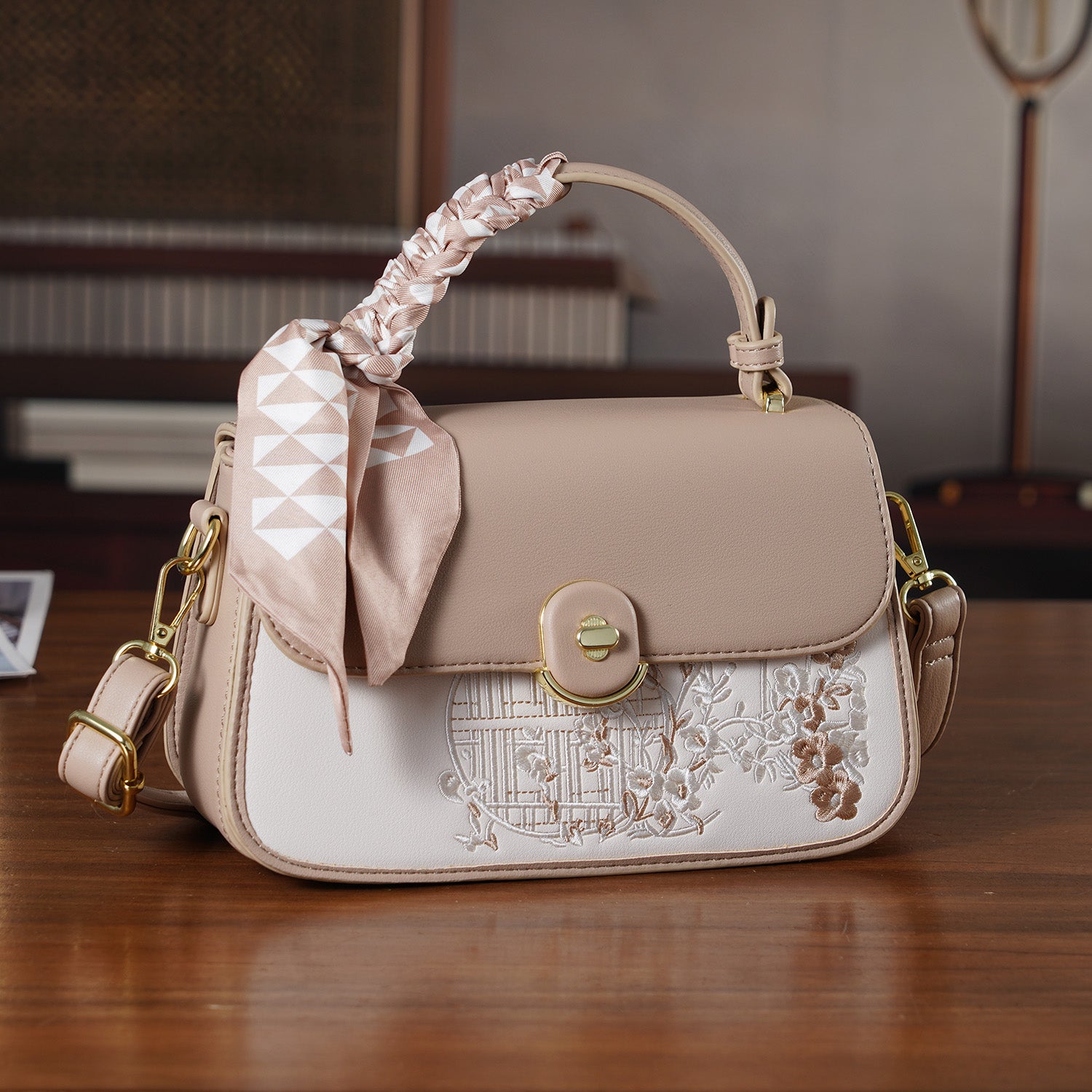 Stylish Embroidered Sleek Multi-Pocket Handbag with Adjustable Shoulder Strap - Latte 8525389 1