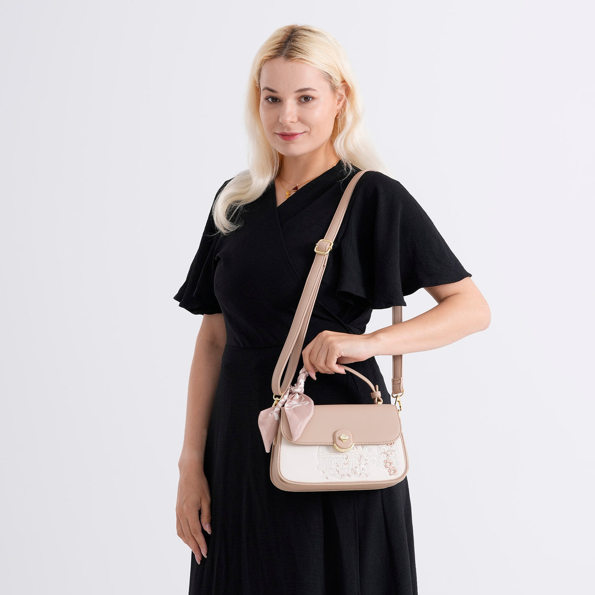 Stylish Embroidered Sleek Multi-Pocket Handbag with Adjustable Shoulder Strap - Latte 8525389 2