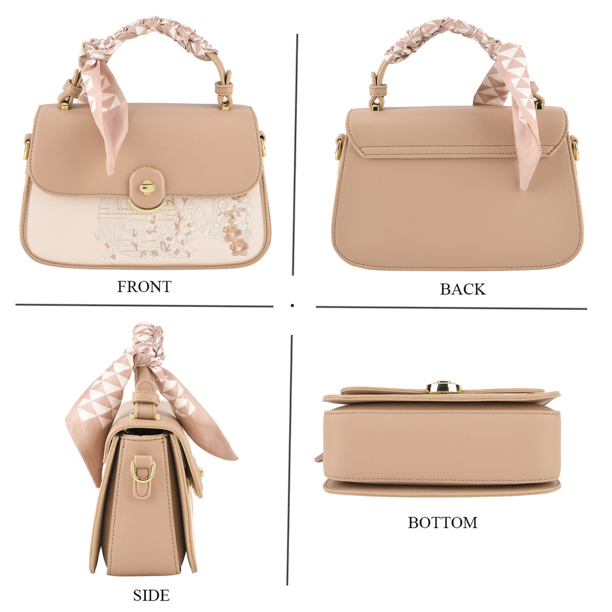 Stylish Embroidered Sleek Multi-Pocket Handbag with Adjustable Shoulder Strap - Latte 8525389 4